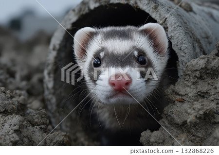 Ferret crawls through drainage pipe in muddy terrain during overcast day 132868226
