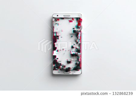 Smartphone screen distortion with colorful pixelation in a minimal setting Smartphone screen distortion with colorful pixelation in a minimal setting 132868239