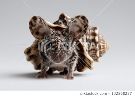 Little mouse with a humorous bread crust shell posing for a quirky photo Little mouse with a humorous bread crust shell posing for a quirky photo 132868257