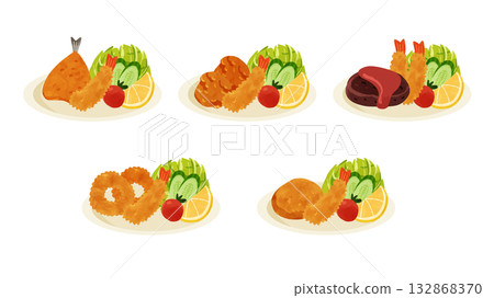 一組 5 份混合薯條 - 水彩風格手繪向量圖 132868370