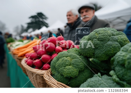Colorful farmers market stalls featuring fresh produce and community members engaging 132868394