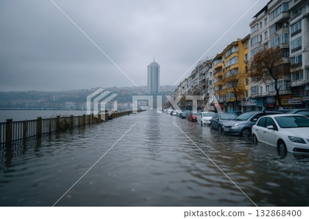 Flooded street in urban area after heavy rainfall with cars submerged in water Flooded street in urban area after heavy rainfall with cars submerged in water 132868400