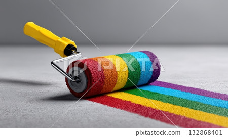 Colorful paint roller with yellow handle rolling out vibrant stripes on a smooth surface 132868401