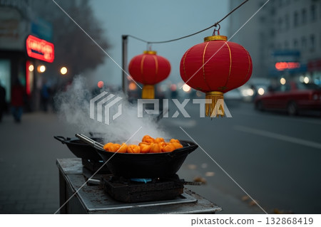 Nighttime street food stall serving warm dumplings in a bustling city atmosphere Nighttime street food stall serving warm dumplings in a bustling city atmosphere 132868419