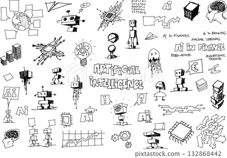 hand drawn architectural sketches of artificial intelligence topics and robots and network strucures and ai in finance and money   132868442
