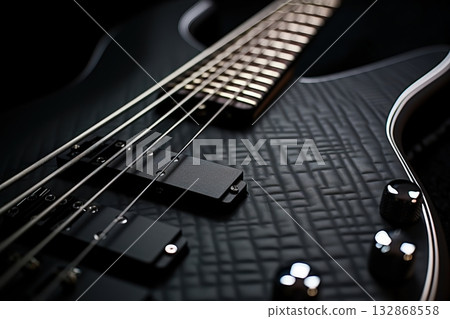 Detail of guitar fretboard with flatwound strings in a low light setting 132868558