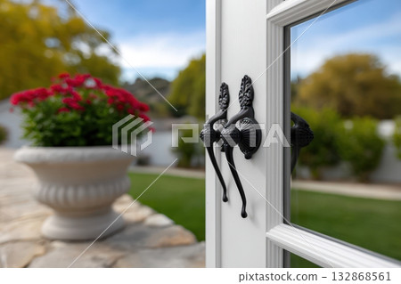 Elegant white French doors with black hardware leading to a vibrant garden setting 132868561