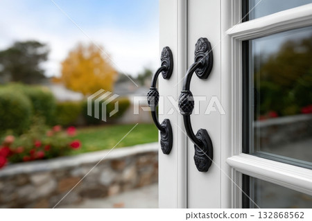 Elegant white French doors with black handles open to a beautiful garden view in autumn setting 132868562