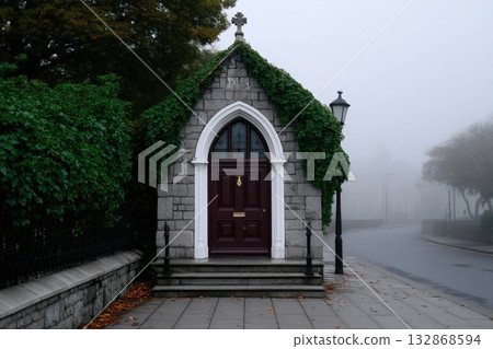 Victorian door with brass knocker on a stone building surrounded by ivy in a foggy location 132868594