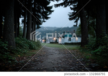 Forest homes illuminated at dusk surrounded by trees and nature 132868791