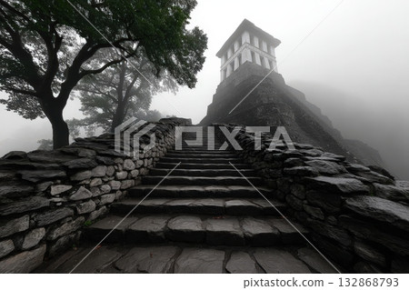 Majestic step pyramid rises amid dense jungle shrouded in misty atmosphere 132868793