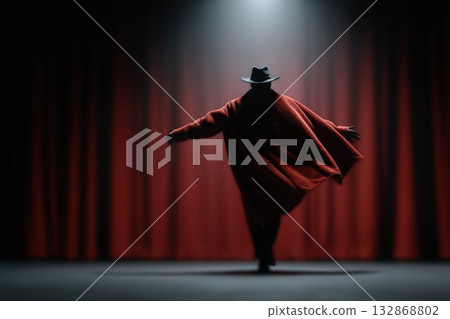 Old theater actor performs dramatically in front of red curtains under spotlight 132868802