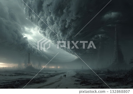 Wasteland travelers explore the desolate landscape of a dying planet under ominous skies 132868807