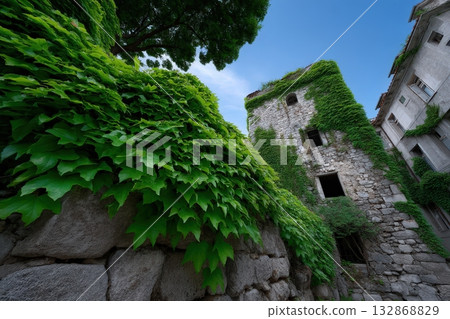 Broken windows of abandoned office building covered in green ivy during daytime 132868829