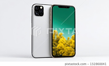 High resolution mockup of a smartphone with a vibrant display showcasing a natural landscape 132868841