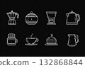 Unique black and white coffee shop objects arranged in an artistic layout for decoration 132868844