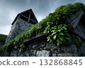 Wooden buildings adorned with lush greenery in a serene cityscape 132868845
