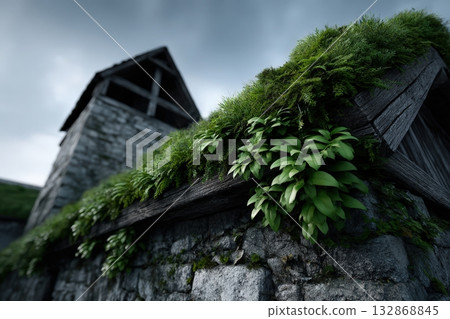 Wooden buildings adorned with lush greenery in a serene cityscape 132868845