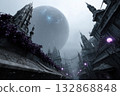 Bazaar bustling under broken planet rings with stunning architecture and cosmic backdrop 132868848