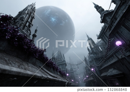 Bazaar bustling under broken planet rings with stunning architecture and cosmic backdrop 132868848