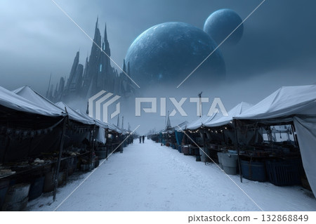 Vibrant bazaar thrives under shattered planet rings in an otherworldly landscape 132868849