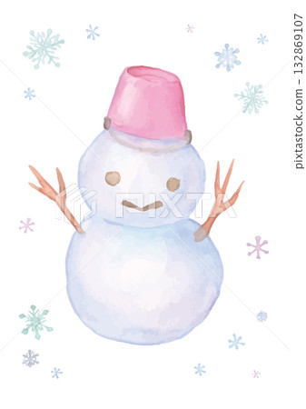 Watercolor hand-painted snowman with scattered snowflakes in the background 132869107