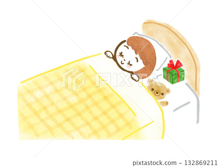 Illustration of a girl sleeping in bed with a Christmas present placed next to her pillow Illustration of a girl sleeping in bed with a Christmas present placed next to her pillow 132869211