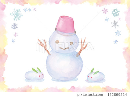溫暖的水彩手繪雪人和雪兔畫框 132869214