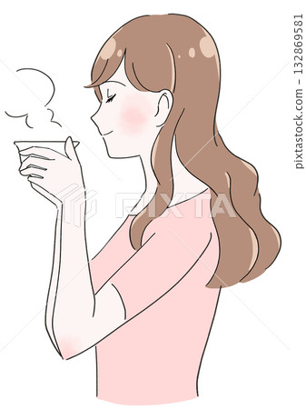 Illustration of a woman drinking tea Illustration of a woman drinking tea 132869581