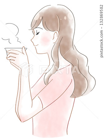 水彩插畫，描繪了一位正在喝茶的女子 132869582