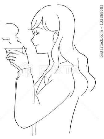 Black and white illustration of a woman drinking tea 132869583