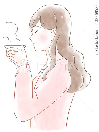 水彩插畫，描繪了一位正在喝茶的女子 132869585