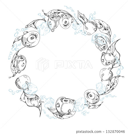 Sweet cherry cerise flying in water splashes drops ice cubes, hand drawn vector ink, ripe line garden berry leaves. Circle wreath frame illustration. Restaurant cafe menu, farmers market, wedding Sweet cherry cerise flying in water splashes drops ice cubes, hand drawn vector ink, ripe line garden berry leaves. Circle wreath frame illustration. Restaurant cafe menu, farmers market, wedding 132870046