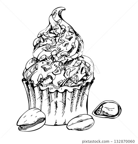 Vector ink cupcake muffin decorated with whipped cream swirl and crushed pistachio topping. Isolated hand drawn clipart illustration. Sweet recipe cards, cafe signage, artisanal gift tag artwork. 132870060