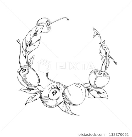 Sweet sour line cherry with plant leaves, hand drawn vector ink, ripe garden berry in group clusters on branches. Wreath circle frame illustration for cafe menu, restaurant, wedding, farmers market. 132870061