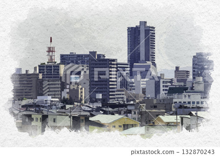 Watercolor style, Fukuyama city, around Fukuyama Station, Fukuyama City, Hiroshima Prefecture 132870243