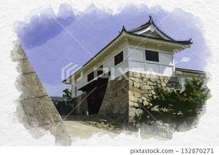 Watercolor style Fukuyama Castle Sujigane Gate Fukuyama City, Hiroshima Prefecture 132870271