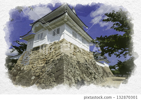 廣島縣福山市福山城月見櫓和鏡櫓塔的水彩畫 132870301