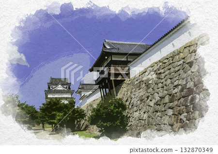 廣島縣福山市福山城、大湯殿和伏見塔的水彩畫 132870349