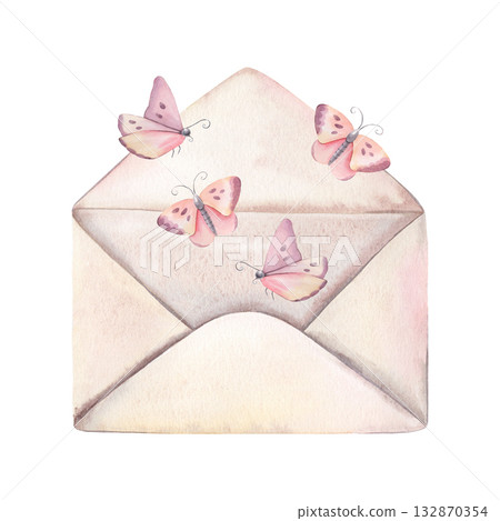 Open envelope with butterflies. Hand-painted watercolor illustration isolated on white. Perfect for greeting cards, wedding invitations, love letters, stationery design, packaging, scrapbooking Open envelope with butterflies. Hand-painted watercolor illustration isolated on white. Perfect for greeting cards, wedding invitations, love letters, stationery design, packaging, scrapbooking 132870354