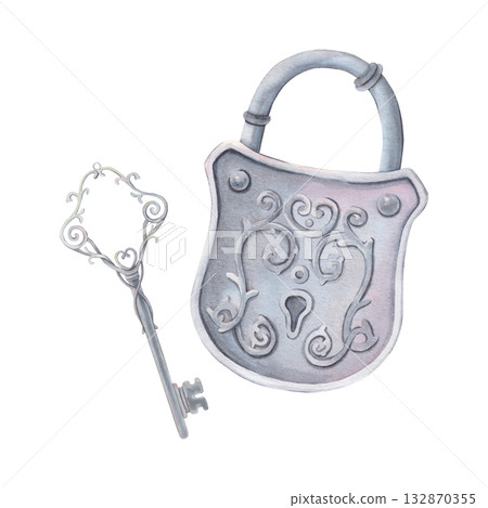 Vintage metal padlock with elegant key. Hand-painted watercolor illustration isolated on white. Perfect for invitations, logos, cards, prints, tattoo design, mystery themes, branding, posters Vintage metal padlock with elegant key. Hand-painted watercolor illustration isolated on white. Perfect for invitations, logos, cards, prints, tattoo design, mystery themes, branding, posters 132870355