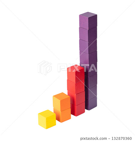 Power of two, doubling shown with cubes, stacked to columns. Two to the power of n. Starting with one cube, doubled each time, leading to exponential growth, with number sequence 1, 2, 4, 8, 16, etc. Power of two, doubling shown with cubes, stacked to columns. Two to the power of n. Starting with one cube, doubled each time, leading to exponential growth, with number sequence 1, 2, 4, 8, 16, etc. 132870360
