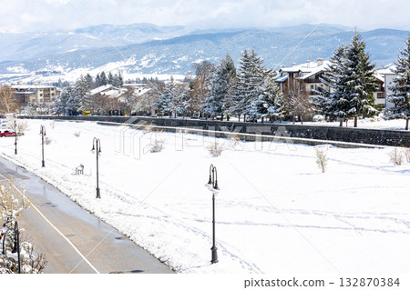 Bansko, Bulgaria winter street view and river Bansko, Bulgaria winter street view and river 132870384