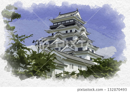 水彩風格的福山城,翻新的天守閣,鐵甲,位於廣島縣福山市 水彩風格的福山城,翻新的天守閣,鐵甲,位於廣島縣福山市 132870493