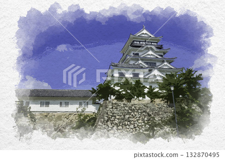 Watercolor-style Fukuyama Castle, renovated castle tower, iron-clad, Fukuyama City, Hiroshima Prefecture 132870495