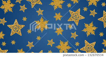 Christmas blue background with Christmas tree decorations with a golden snowflake and star. New Year and Christmas card. Christmas blue background with Christmas tree decorations with a golden snowflake and star. New Year and Christmas card. 132870534