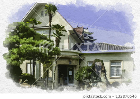 Watercolor-style Fukuyama Castle Fukuju Kaikan Western-style entrance hall Fukuyama City, Hiroshima Prefecture Watercolor-style Fukuyama Castle Fukuju Kaikan Western-style entrance hall Fukuyama City, Hiroshima Prefecture 132870546