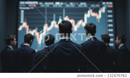 Business team analyzing stock market chart on digital screen in modern office. 132870762
