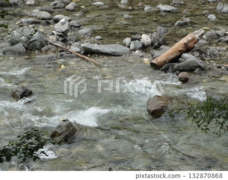 A turbulent stream of clear water from the high mountains continues its movement over the rocks like  132870868