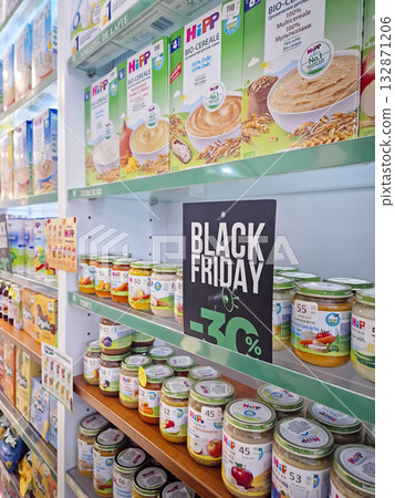 Ungheni, Moldova - November 07, 2025 Pharmacy stocked shelves dedicated to baby food products on sale discount for Black Friday. Healthy nutrition for child with cutprice promotions inside a drugstore Ungheni, Moldova - November 07, 2025 Pharmacy stocked shelves dedicated to baby food products on sale discount for Black Friday. Healthy nutrition for child with cutprice promotions inside a drugstore 132871206